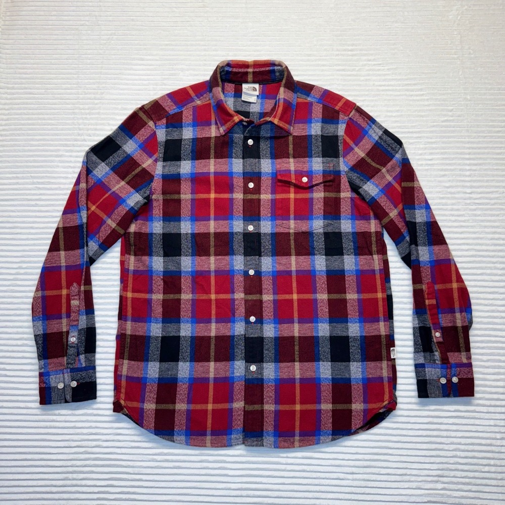 The North Face Plaid Flannel‎ Shirt Men's Medium Red Blue Black Cotton Button Up
